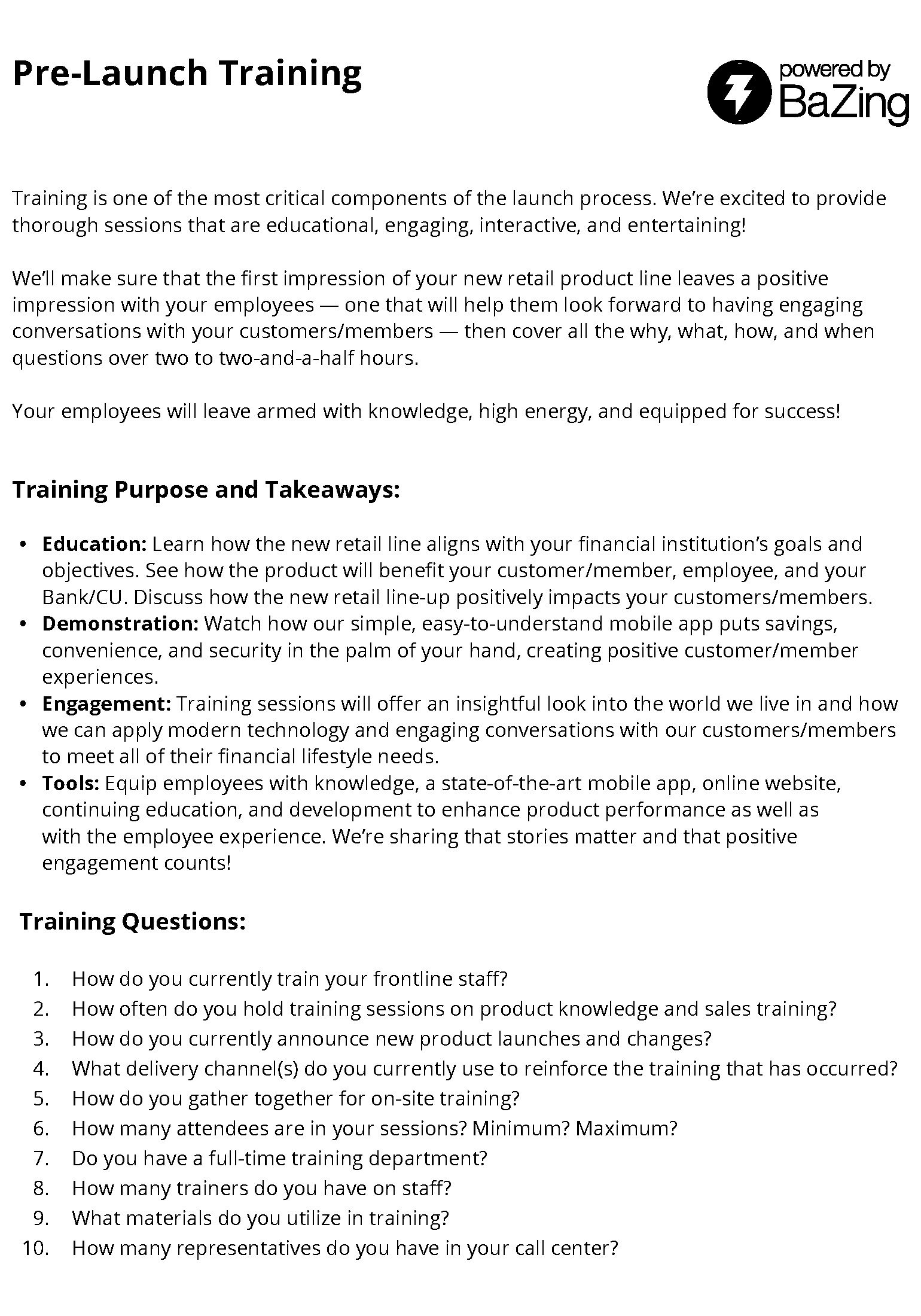 Pre-Launch Training Questions (Print Version)